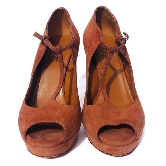 GUCCI Scarlatto Rose Mauve Suede Betty T-Strap Open Toe Platform Pump - Picture 8 of 11